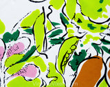 1940s Vegetable Patch Rayon Scarf by Marcel Vertes for Wesley Simpson - 40s Surreal Spring Novelty Print - Chartreuse Green Pink Orange Face