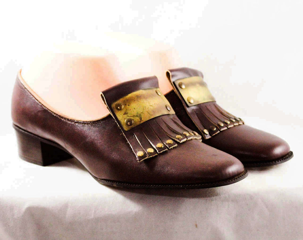 Size 7.5 Leather Loafers - Deadstock 1960s Brown Gladiator Style Shoes with Studded Fringe & Brass Panel - Mod 60s Pumps - 7 1/2 AA Narrow