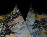Size 8 1940s Asian Robe - As Is Faded 40s Rayon Brocade Robe - WWII Era Pagodas Bonsai Trees Far East Scenes - Tassel Belt - Waist to 32