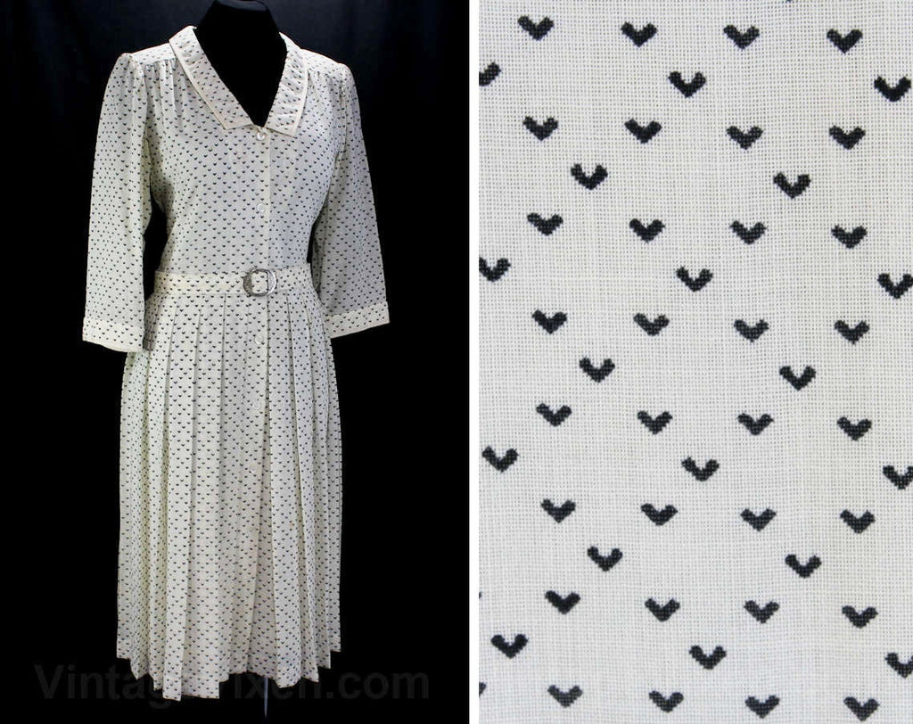 Large 20s Style Designer Dress by Ted Lapidus - Size 12 1980s Retro with 1920s Look - Black & Ivory Deco Chevron Wool - Shirtwaist - Bust 38