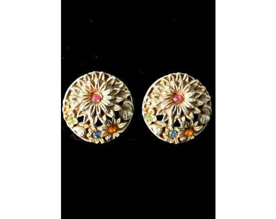 Antiqued White Floral Earrings with Pastel Rhinestones - 60s Spring White Enamel - 1960s - Circles - Clip On Button Earrings - 40166-1