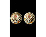 Antiqued White Floral Earrings with Pastel Rhinestones - 60s Spring White Enamel - 1960s - Circles - Clip On Button Earrings - 40166-1