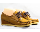 Size 7 1/2 Leather Shoes - Brown Sneaker Style 1960s Casual Shoes with Lace Up - Cute 60s Tan with Top Stitching & Lacing - 7.5 M Deadstock