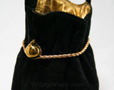 Deco 1930s Black Suede Bag - 30s Purse with Metallic Gold Cord & Lining - Pouch Style Handbag - Suede Is Crocking Color - Strap As Is