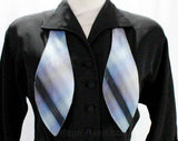 Size 4 1950s Dress - New Look Era Black Crepe 50s with Ascot - Wing Lapel - Nipped Waist - Blue Plaid Tie & Plaid Lining - Waist 25