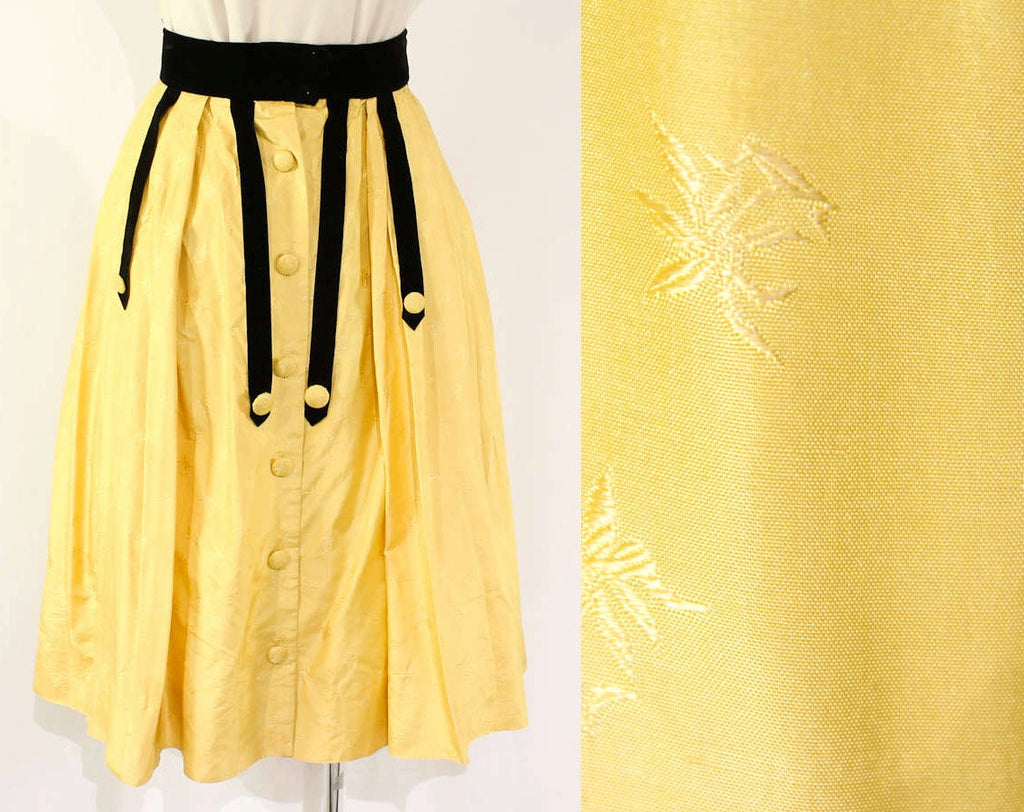 Size 8 Full Skirt - 1950s Victorian Inspired Yellow Silk Skirt with Black Velveteen Waistband - Fin de Siecle 1890s Look - Waist 26.5
