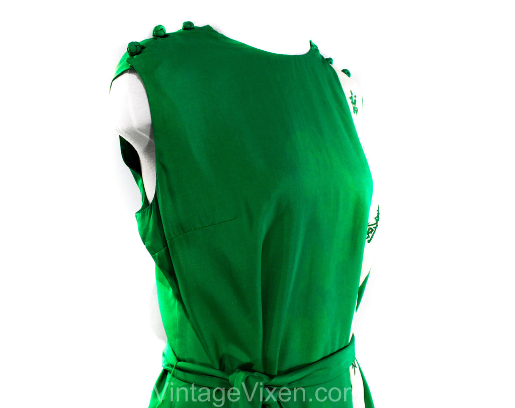 As Is Size 12 Green Asian Dress - Large 1960s Emerald Sheath with Bord Vintage Vixen Clothing As Is Size 12 Green Asian Dress - Large 1960s Emerald Sheath with Bord Vintage Vixen Clothing