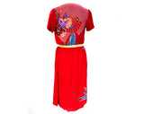 Size 6 Asian Rayon Print Dress - 1940s Inspired Red Floral Summer Faux Wrap Frock - 70s 80s Retro Short Sleeve with Border Print - Bust 33.5