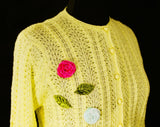 Size 10 Yellow Wool 1950s Cardigan with Velvet Rose Appliques - Top Quality 1950s 60s Preppy Classic Button Front Sweater - Spring Deadstock