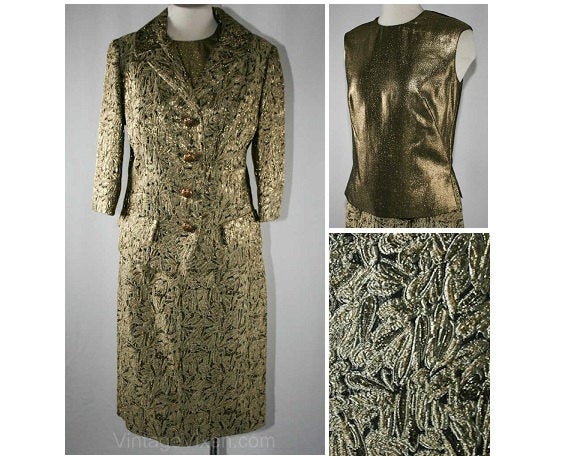 Size 6 Metallic Evening Suit - Stunning 1960s Gold Brocade Suit Ensemble - Small 60s Formal - Dynasty Hong Kong - Waist 26 - 38887-1