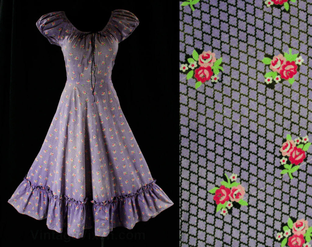 Size 8 Shabby Sweet 50s Lavender Sun Dress - Purple Fishnet & Pink Roses Print Cotton - Summer - Jerry Gilden - Rockabilly - 43487