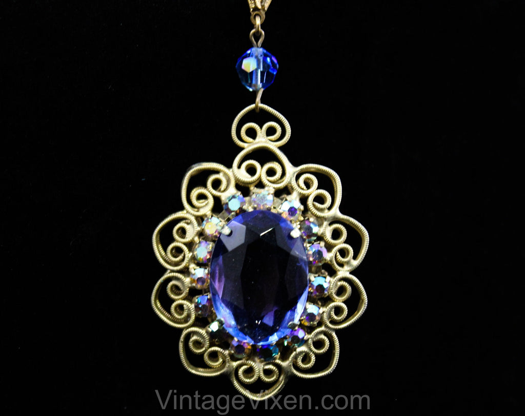 Victorian Revival Pendant Necklace - Bold Blue Antique Style Gold Hue Metal Medallion - Faceted Glass Rhinestones & Filigree - 1970s Retro