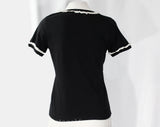 XS Cute Black Tee - Size 2 Black Cotton Jersey 70s 80s T Shirt - Casual Preppy TShirt with White Eyelet Lace Trim - Summer Top - Bust 33
