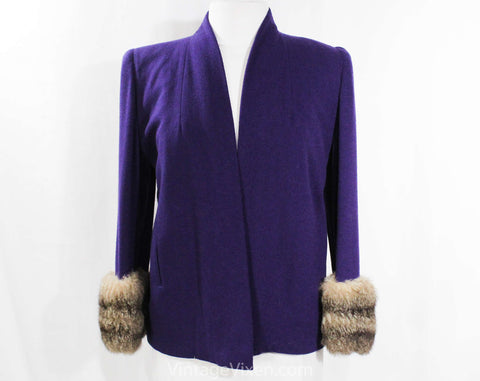 Size 10 1930s Purple Swing Jacket with Fur Cuffs - 30s 40s Movie Star Style Topper Coat with Pockets - National Recovery Board - Bust 38