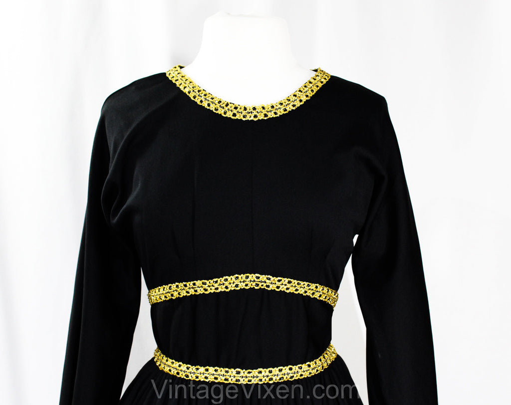 Size 8 Black Evening Dress with Gold Braid - Gypsy Goddess 60s 70s Ank Vintage Vixen Clothing Size 8 Black Evening Dress with Gold Braid - Gypsy Goddess 60s 70s Ank Vintage Vixen Clothing