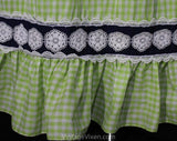 Size 2 Lime Gingham Dress - 60s 70s Sleeveless Empire Summer Gown - Spring Green & Navy Blue Cotton Maxi Dress - White Daisy Lace - Waist 24