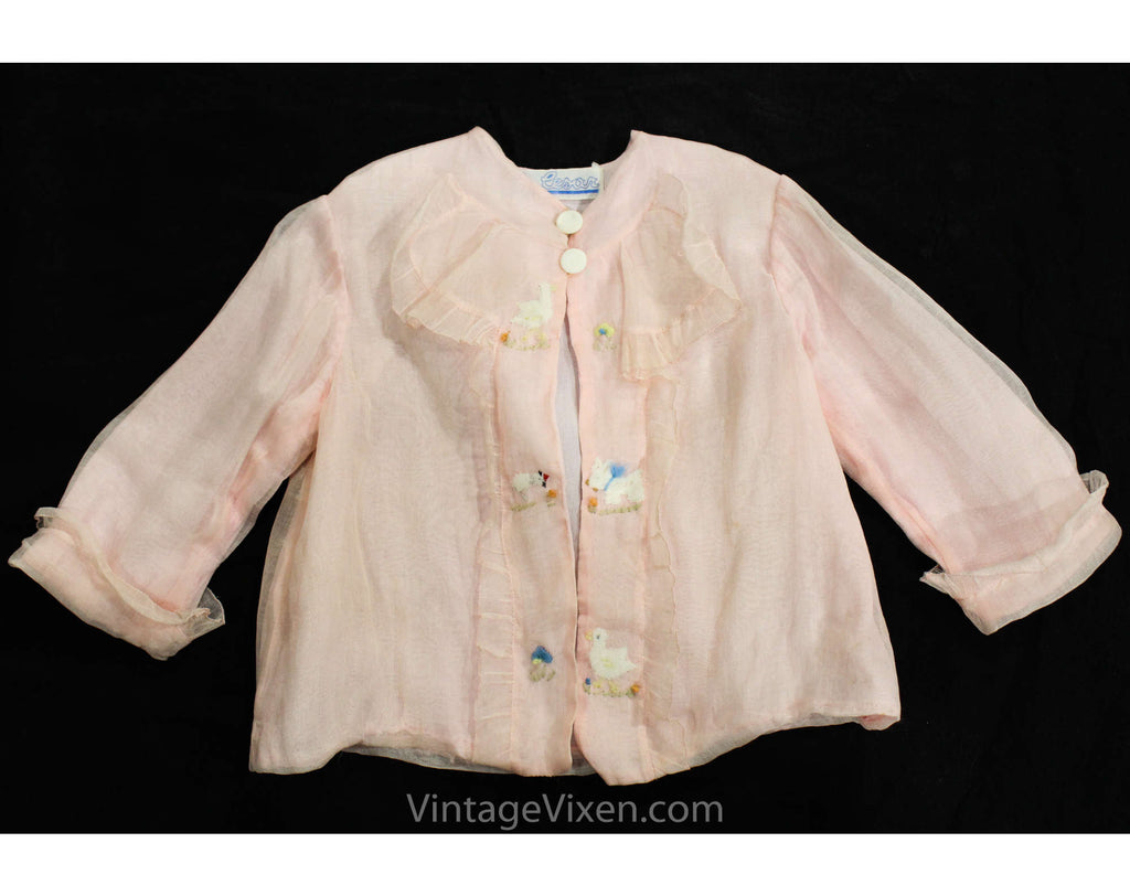 Baby Girl's 1930s Jacket - Size 3 to 6 Months - Authentic 30s Infant Child's Pink Organdy Top with Baby Animals Embroidery - Chest 18