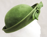 Charming 1960s Olive Hat - Avocado Green Velour Breton Bowl Hat with Grosgrain Bow - Audrey 60s Spring Fall Chic - Imported Fur Fiber