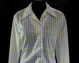 Size 12 Polka Dot Shirt - 1970s Blue Yellow & White Polyester Print - Large 70s Long Sleeved Casual Top - Mod Dots Stripes - Bust 40