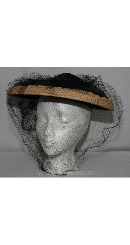 Wonderful 1950s New Look Era Navy Straw Saucer Hat with Generous Veiling - 50s Millinery - Wide Brim - Near-Black - Hexagon Netting - 27117