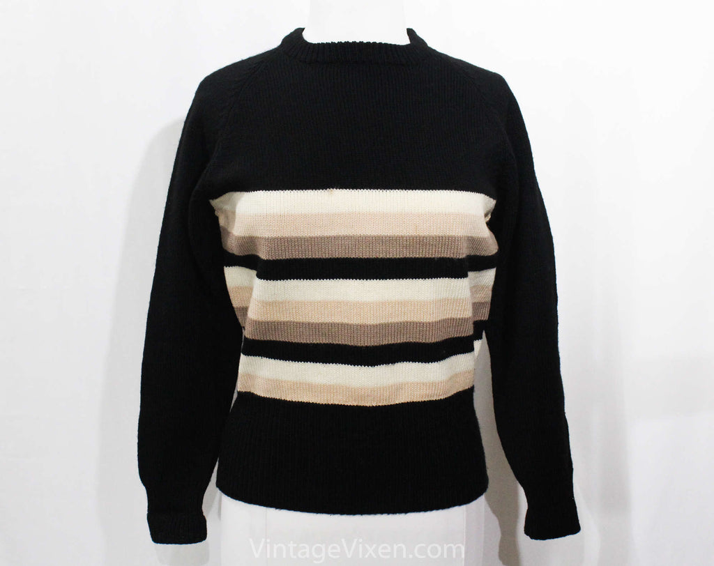 Size 8 Wool Sweater - 1940s Inspired Black & Beige Pullover - Medium Long Sleeve Knit Top - Fall Autumn 80s Does 40s Retro Sweater - Bust 39