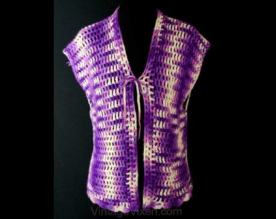 Size 8 Purple Vest - 1970s Brindled Hippie Knit Vest - Marled Ombre Boho Bohemian 70s - Hand Knitted - Cute - Bust 35 - 38084-1