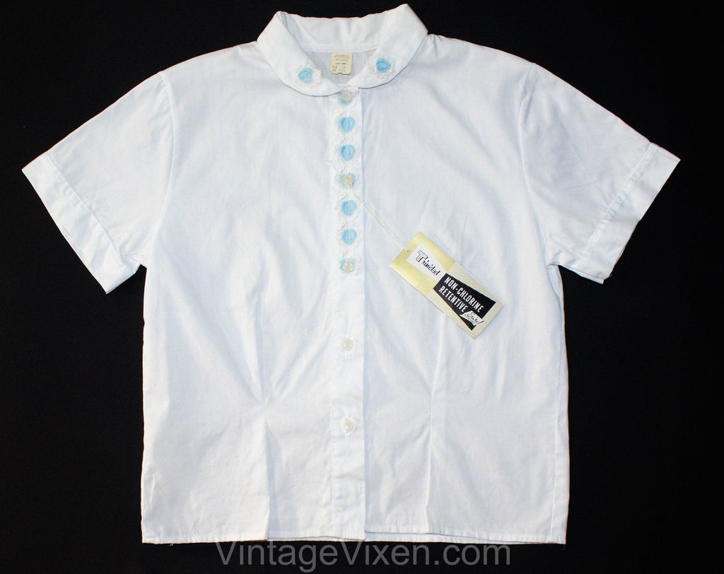 50's Size 12 Girls Shirt - White 1950s Summer Top for Poodle Skirt - Short Sleeved Girl's Button Front Blouse - 1950s Childrens Deadstock