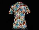 Medium 1970s Short Sleeved Shirt - Size 10 Casual Floral Top - Antique Hued Peony Flowers - Turquoise Rust Mauve Pink Beige - Bust 36