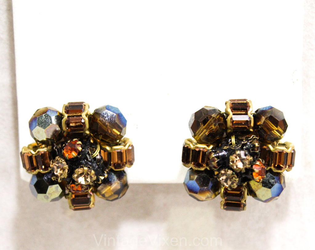 1950s Root Beer Rhinestone Earrings - Fall Brown 50s 60s Clips by Vogue - Gorgeous Hand Wired Faceted Glass & Beads - Gold Metal - 50377