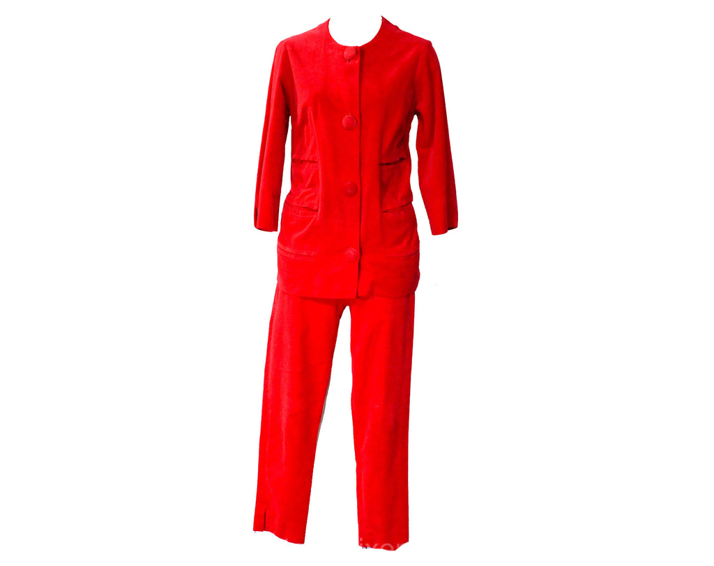 Size 8 1950s Pant Suit - Red Velveteen Tunic & Capri Cropped Pants - Audrey Style 50s 60s Cotton Outfit - Made in Milan Italy - Waist 26.5