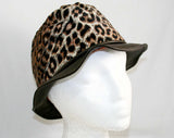 Leopard Corduroy Hat - 1960s Black & Brown Novelty Animal Print - Perky Adorable Casual Hat - Faux Leather Brim - Rockabilly - VLV 41346-1