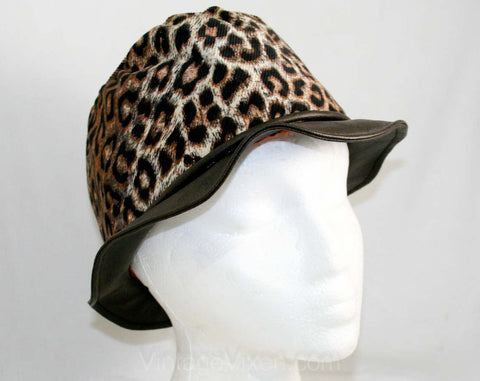 Leopard Corduroy Hat - 1960s Black & Brown Novelty Animal Print - Perky Adorable Casual Hat - Faux Leather Brim - Rockabilly - VLV 41346-1