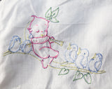 Cupid's Melody Pillowcase - 1920s Novelty Embroidery Pillow Case - 20s 30s Pink Fairy Baby with Blue Birds Fantasy Scene - White Cotton