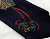 1940s Men's Hand Painted Tie with Luminous Mica Novelty Print - 40s Navy Rayon Necktie - Botanical Leaves Flowers - Rouge Red Gold Sky Blue