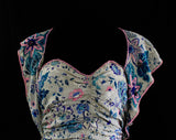 Size 6 1930s Evening Dress - Gorgeous 30s 40s Gray, Teal & Pink Floral Formal Gown with Beaded Swag Neckline - Bolero Style Strapless Silk
