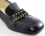 Size 6 Black Shoes - Wide Width 1960s Pumps - Slick Wet Look Vinyl - 60s Studded Ribbon Candy Detail - Charm Step - NOS Deadstock - 46994-1
