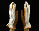 Beautiful Leather & Suede Gloves - Size Large Pair Caramel Tan Gloves - Genuine Leather - Light Brown Ivory - Two Tone - 70s 80s Made in USA