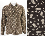 Size 14 Silk Shirt - 90s Brown Natives Primitive Crepe Top - 1990s Button Front Office Blouse - New York Label - Abstract Print - Bust to 44