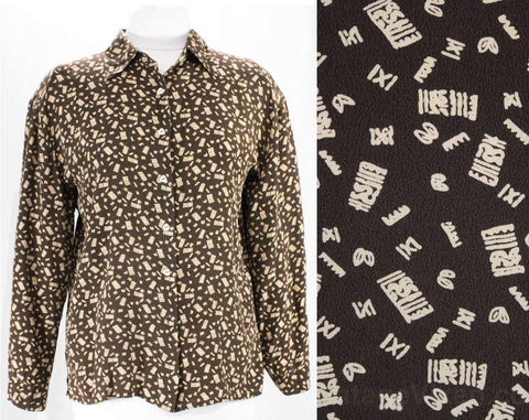 Size 14 Silk Shirt - 90s Brown Natives Primitive Crepe Top - 1990s Button Front Office Blouse - New York Label - Abstract Print - Bust to 44