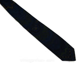 1950s Men's Skinny Tie - Fine Silk Flourish Print Foulard - Handsome Business Man's 50s Necktie - Sapphire Blue Olive Green Brown & Black