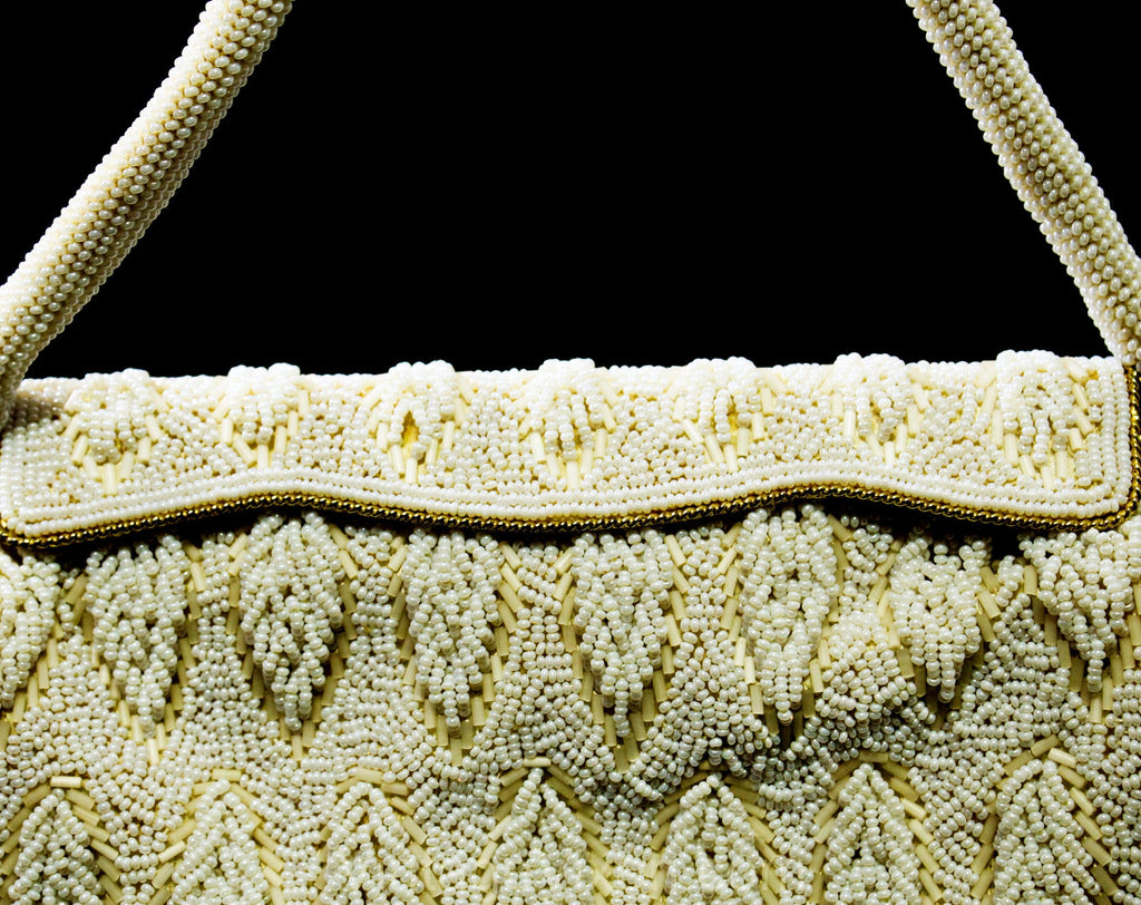 Rich 1950s Beaded Evening Bag - White & Ivory Beadwork Formal