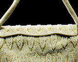 Rich 1950s Beaded Evening Bag - White & Ivory Beadwork Formal Purse with Leaf Pattern - 50s 60s Handbag with Bead Strap - Made in Hong Kong