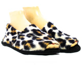Faux Leopard Fur Slippers - Size 7 to 8 1960s Vintage Lounge House Shoes - Spotted Exotic Cat Furry Acrylic Indoor Slides - 60s Open Toes