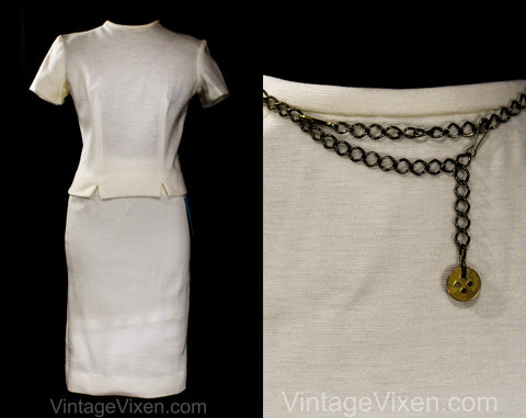 Size 2 1960s Secretary Dress with Chain Belt - Mod 60s Ivory White Knit Top & Pencil Skirt - 1960s Hollywood Deadstock NWT - Waist 22 to 24