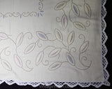 Pastel Embroidered Tablecloth - Cream Cocoa Pink Blue & Mint Green Leaves Embroidery - Soft Elegant Rustic Large Rectangle - Spring Hues