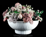 1950s French Beaded Flowers in White Milk Glass Bowl - Hand Beadwork Floral Arrangement - Spring Lavender Lilac Light Purple Green & White