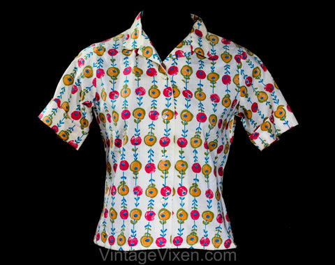 Size 12 Girl's 1960s Shirt - Pop Floral Cotton Poplin - Pink Blue Olive Green & Orange Circle Flowers - Early 60s Top - Preteen - Bust 32