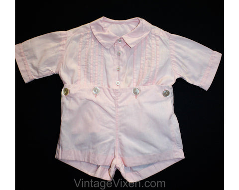 Charming 1940s Baby Girl's Pink Cotton Romper - Size 6 Months Infants Children's 40s Two Piece Shirt & Shorts Play Set - Adorable Buttons