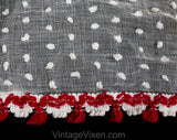 1930s Kitchen Curtain Panel - Authentic 30s White Cotton Chenille Cheesecloth with Red Tassel Fringe Trim - As Is - Quaint Country Home Chic