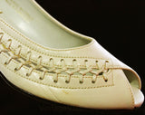 Size 6.5 Cream Shoes - Sexy Asymmetric Huarache Style - As Is - Peep Toe 1990s Kitten Heels - Woven Trim - Retro 90s Deadstock - 6 1/2